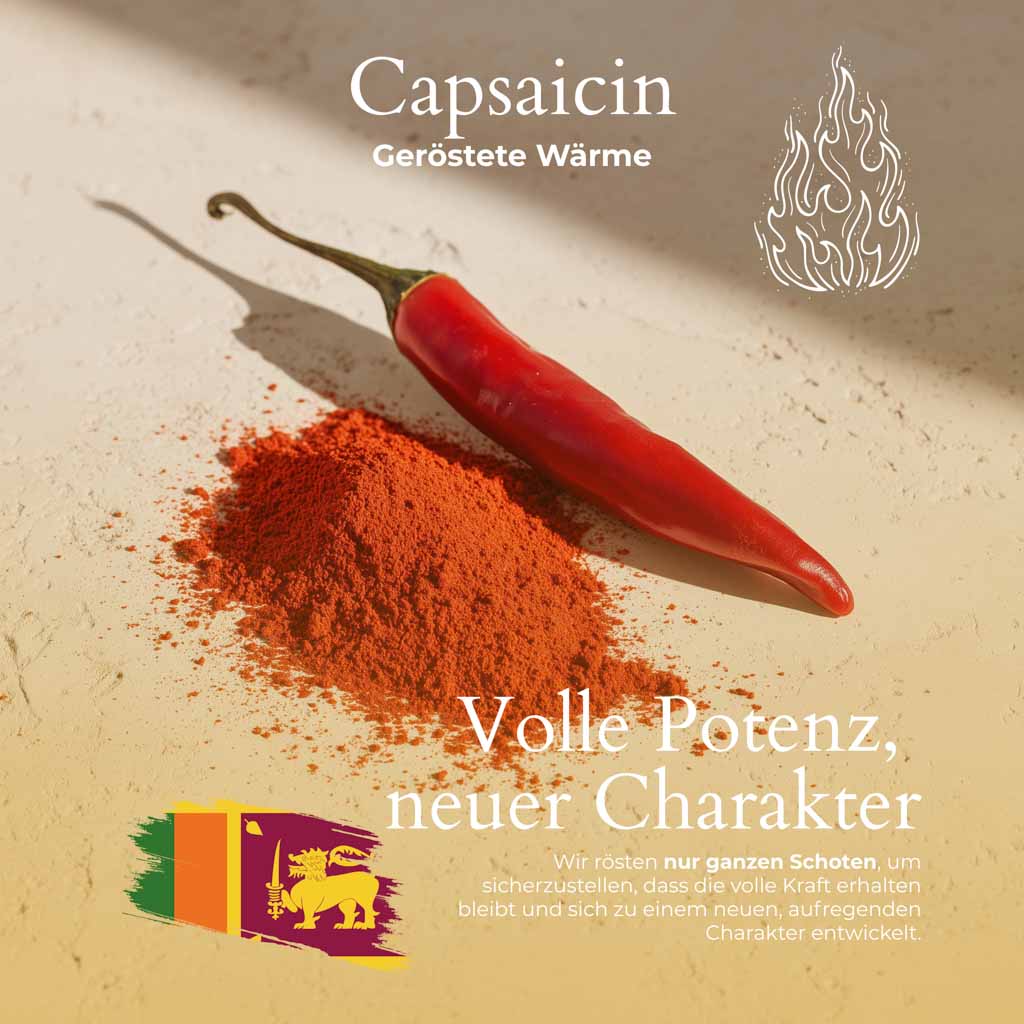 Ganze Chilischote mit Pulver auf Sand | Capsaicin, volle Potenz, geröstet.