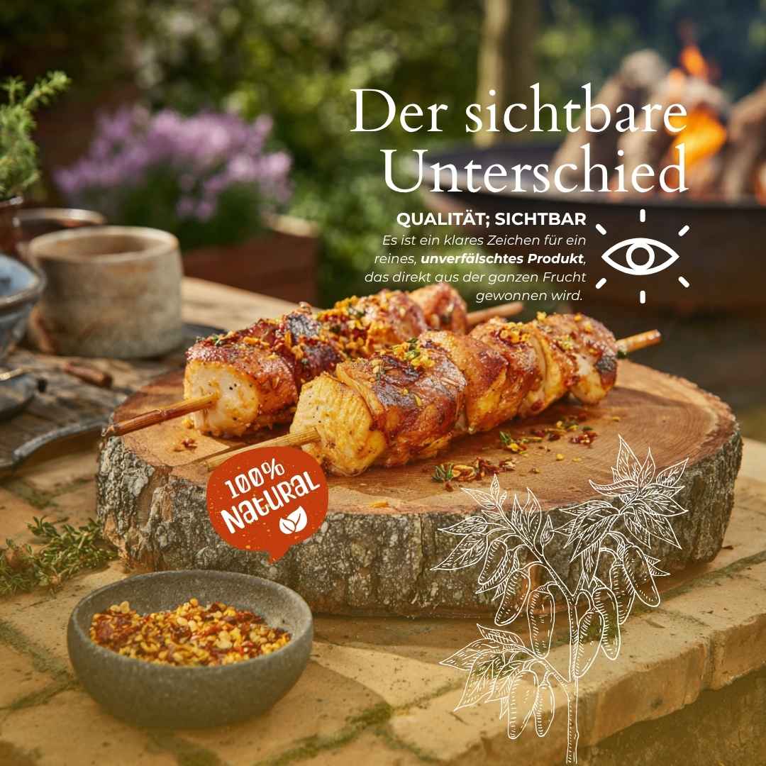 Naturbelassene Chili-Flakes von MrCOLOMBO als aromatisches Topping für Grillgerichte, sichtbar rein & unverfälscht.