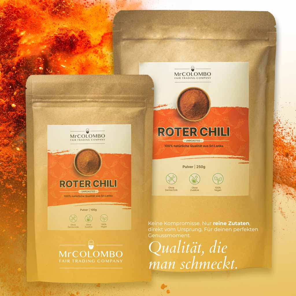 MrCOLOMBO Chili-Pulver ungeröstet | 100g & 250g Packung, direkt gehandelt, unverfälscht.