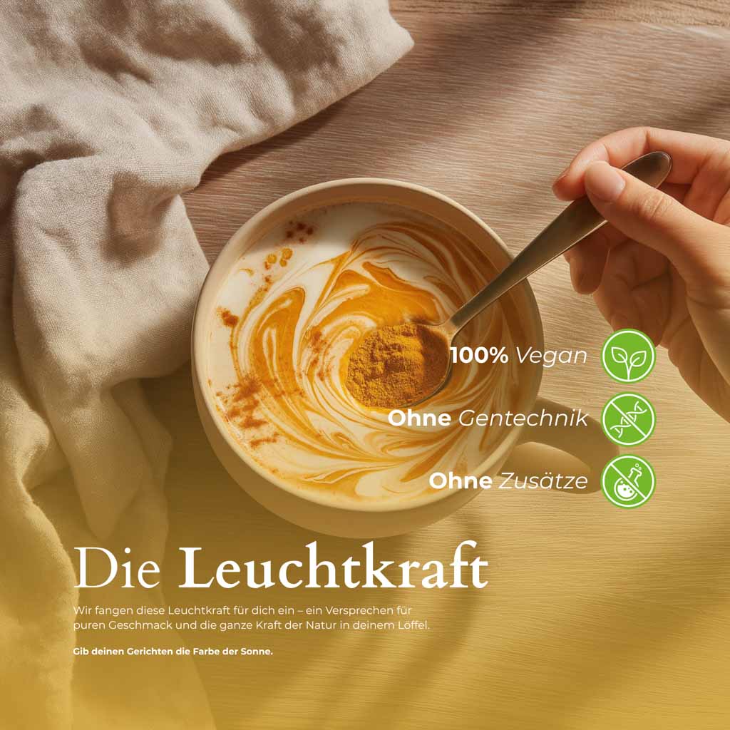 Gelbes Kurkumapulver mit Mörser | hoher Curcumingehalt, 100 % Natur.