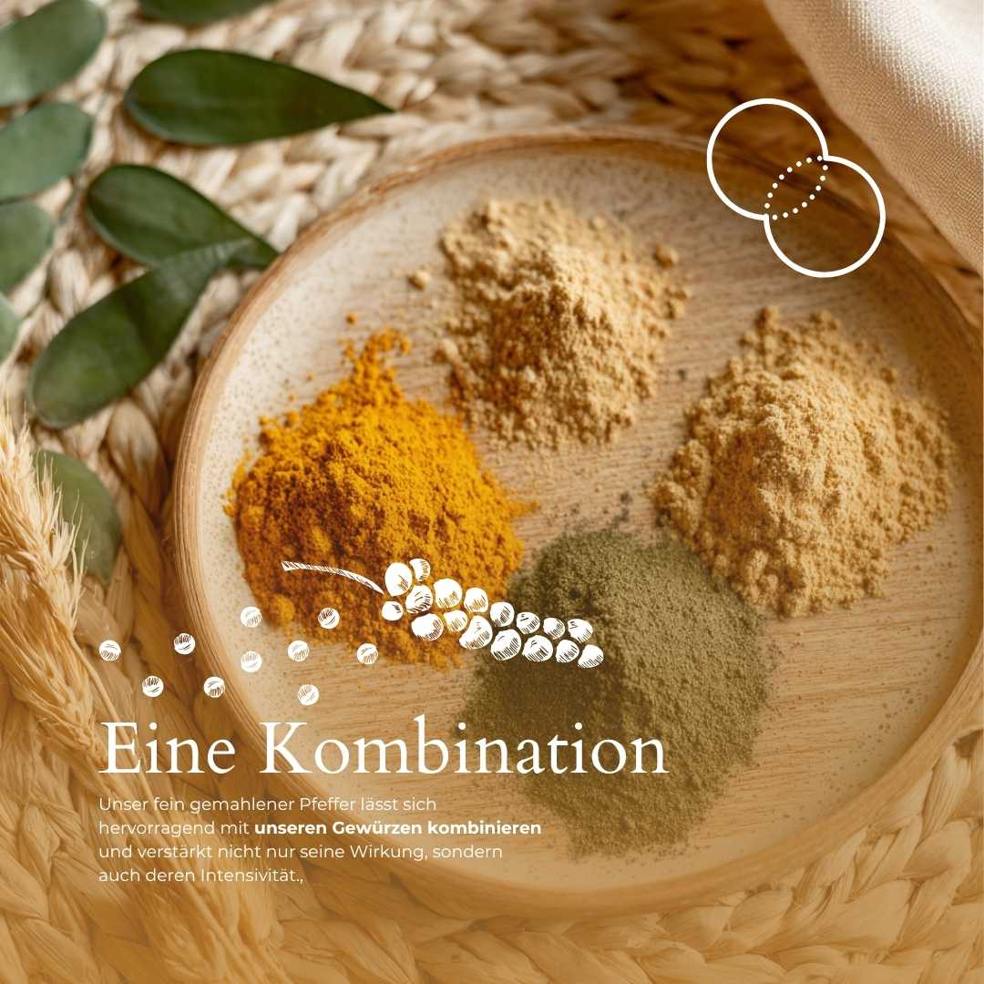 Kombi aus schwarzem Pfeffer, Kurkuma & Ingwer | ideal zur Verstärkung von Geschmack und Wirkung.