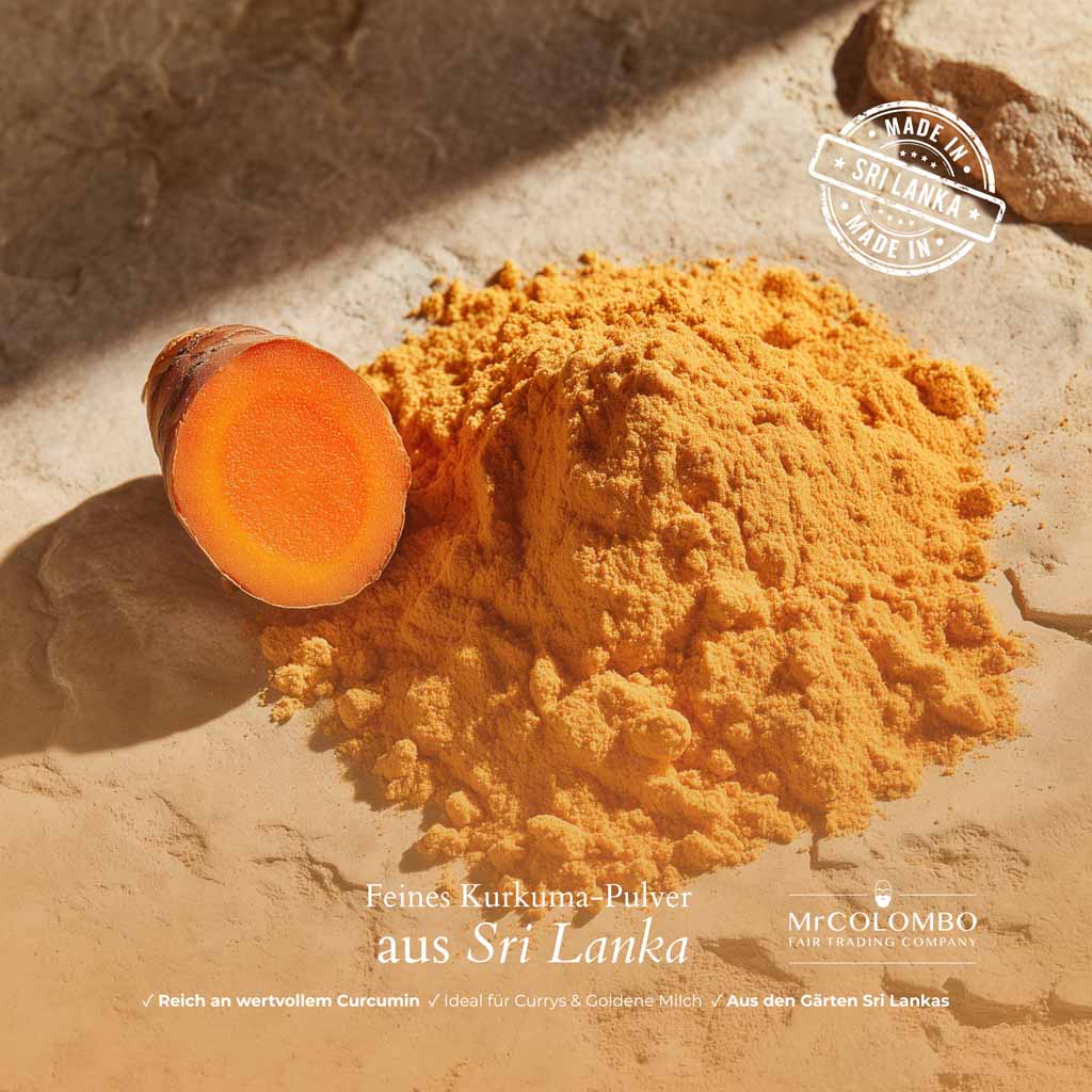 Kurkumawurzel und frisches Pulver in der Sonne | Made in Sri Lanka.