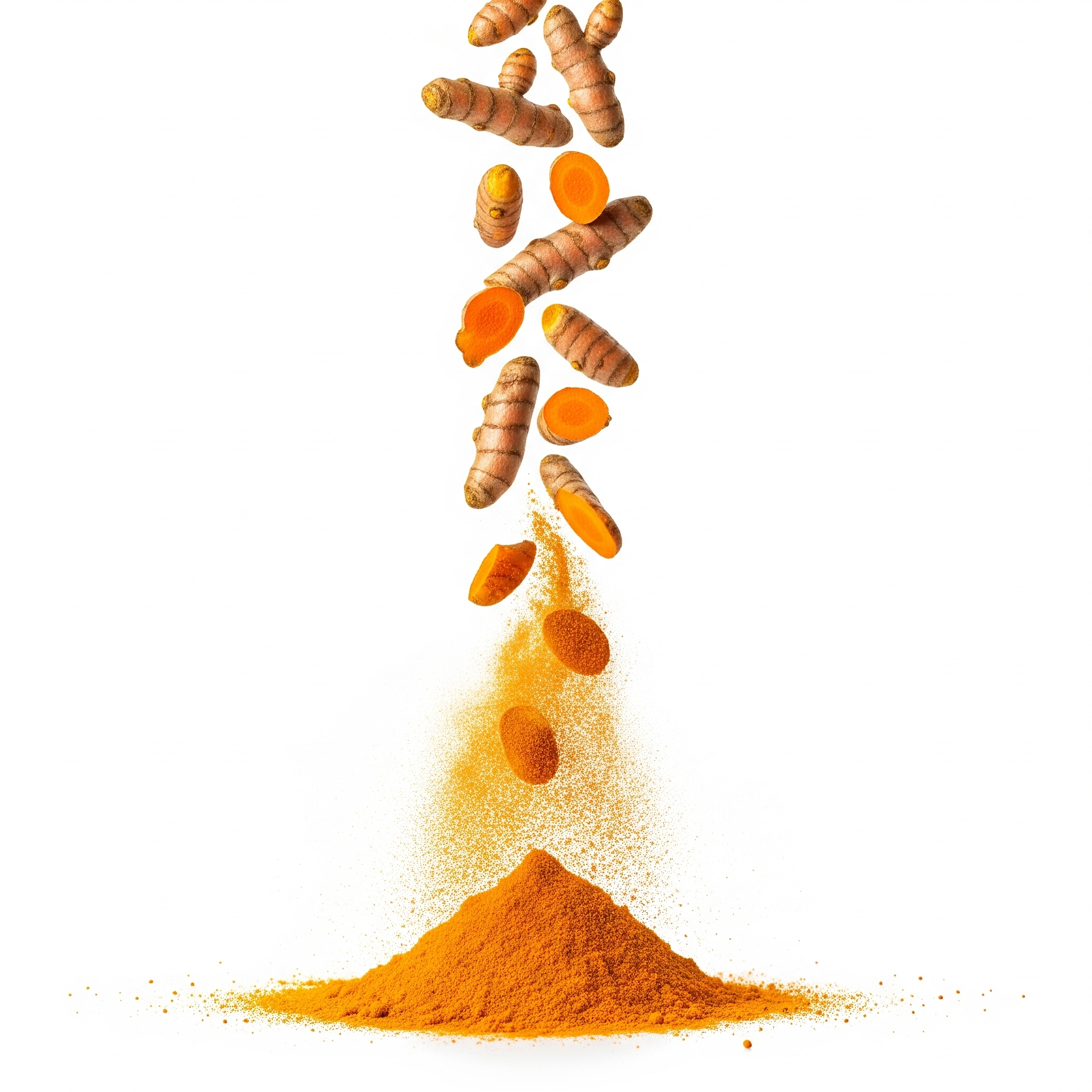 Frische Kurkumawurzeln zerfallen zu leuchtend orangefarbenem Kurkumapulver – Symbolbild für die natürliche Verarbeitung von Kurkuma in Sri Lanka.