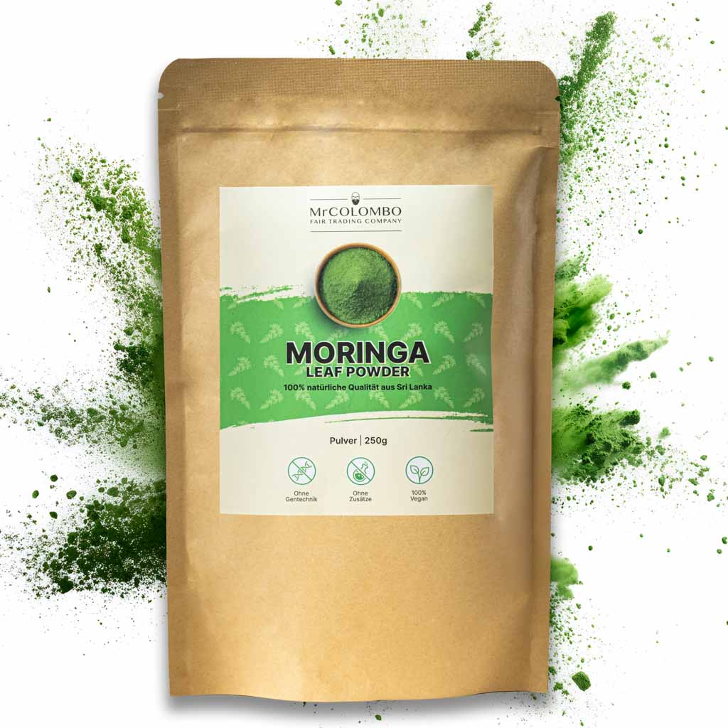 250g Packung Moringa Blattpulver von Mr. Colombo | direkt aus Sri Lanka, kräftig grün und fein vermahlen.