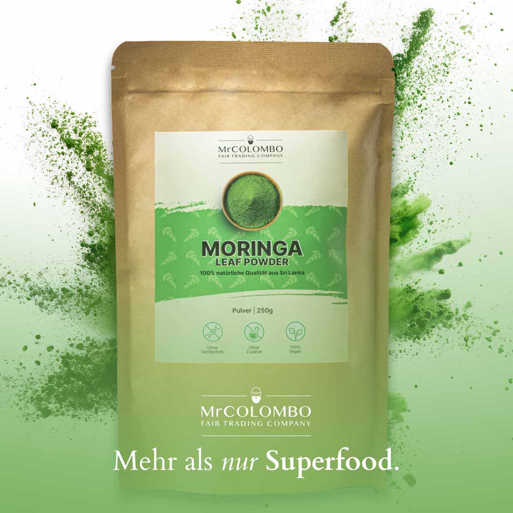 Mr. Colombo Moringa Pulver in 250g Beutel | leuchtend grün, naturbelassen und nährstoffreich.