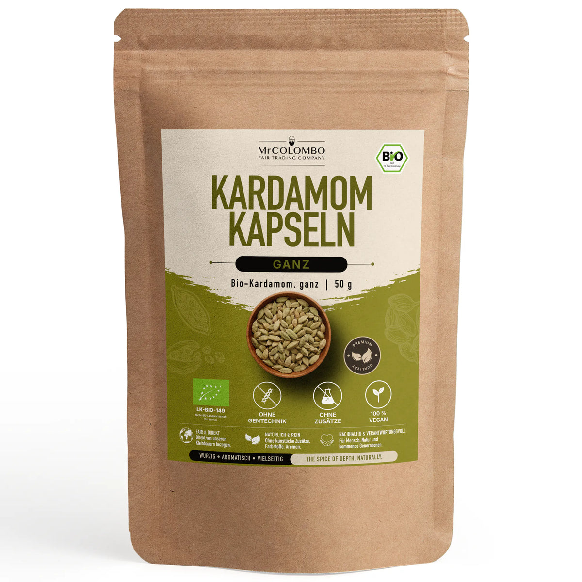 Vainas de cardamomo ecológicas enteras de Sri Lanka en la bolsa resellable MrCOLOMBO