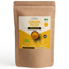 Bio Kurkuma Pulver aus Sri Lanka im MrCOLOMBO Papierbeutel auf weißem Hintergrund - 50 g