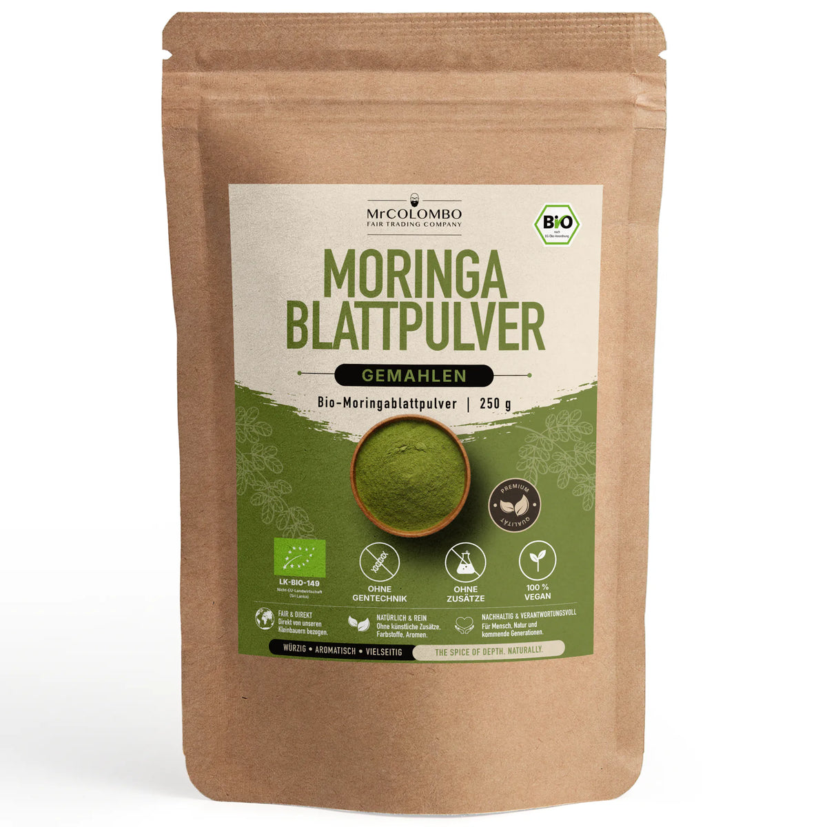 Bio Moringa Pulver aus Sri Lanka im MrCOLOMBO Papierbeutel auf weißem Hintergrund - 250 g
