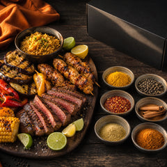 Servierte Grillplatte mit Steak, Hähnchenspießen, Gemüse, Reis und sechs Gewürzen aus Sri Lanka