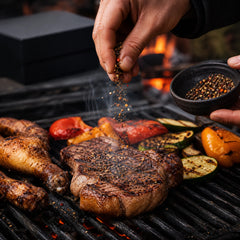 Steak auf dem Grill wird mit schwarzem Pfeffer und Chiliflocken aus der BLACKBOX ON FIRE gewürzt