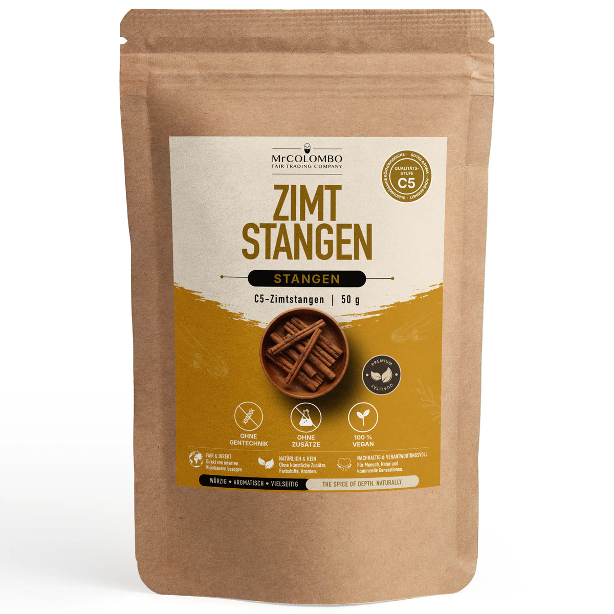 Ceylon Zimtstangen - echter Zimt aus Sri Lanka im MrCOLOMBO Produktbeutel auf weißem Hintergrund - 50 g