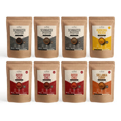 Gewürz-Set Sri Lanka mit Curry (8 Sorten) - alle enthaltenen Produktbeutel auf weißem Hintergrund