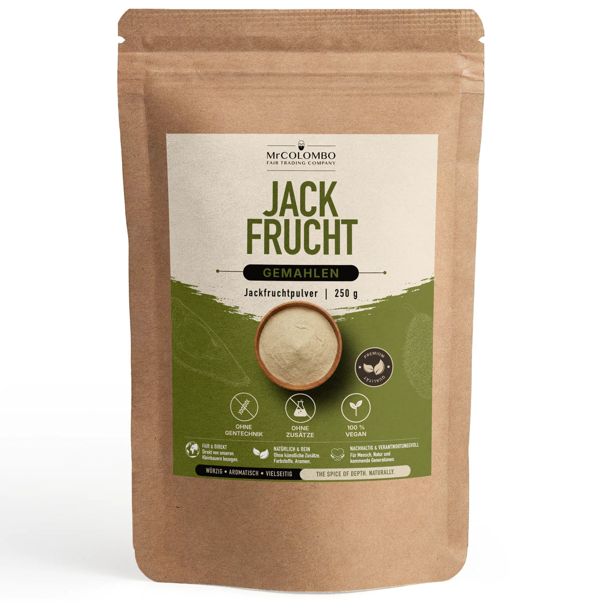 Jackfruit en polvo de Sri Lanka en la bolsa de papel MrCOLOMBO sobre fondo blanco - 250 g