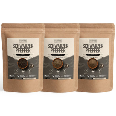 Schwarzer-Pfeffer-Set aus Sri Lanka - ganz, geschrotet & gemahlen (3 Sorten)