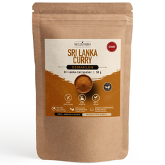 Sri Lanka Curry Pulver im MrCOLOMBO Papierbeutel auf weißem Hintergrund - 50 g