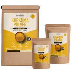 Kurkuma Pulver aus Sri Lanka - Single Origin - alle Packungsgrößen 100 g, 250 g und 5 kg gemeinsam auf weißem Hintergrund