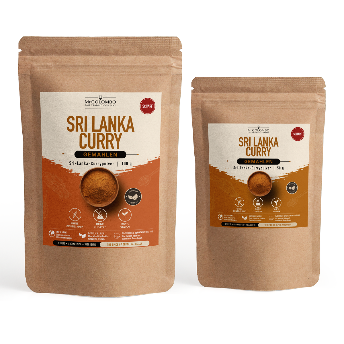MrCOLOMBO Sri Lanka Currypulver in 50 g und 100 g nebeneinander