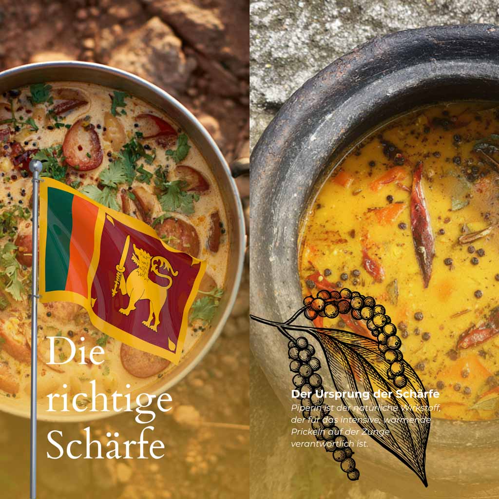 Zwei aromatische Pfeffergerichte aus Sri Lanka | mit ganzen Körnern, Wurzeln und frischen Gewürzen zubereitet.