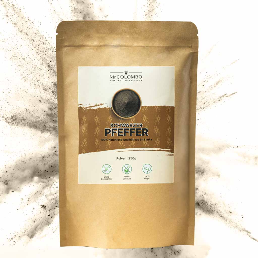 250g Packung MrCOLOMBO Pfefferpulver | intensive Würze, vegan und ohne Gentechnik.