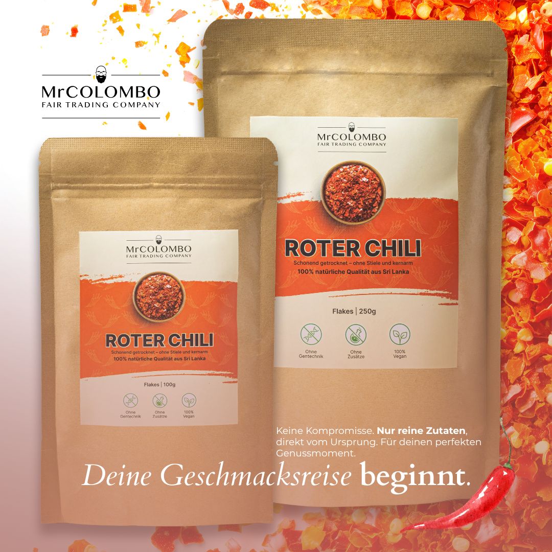 MrCOLOMBO Chili-Flakes in 100g und 250g | naturbelassen, vegan und frei von Gentechnik.