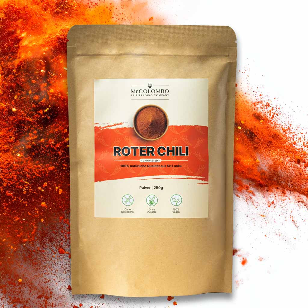 250g Packung roter ungerösteter Chili von MrCOLOMBO | kräftig, rein und aromatisch.