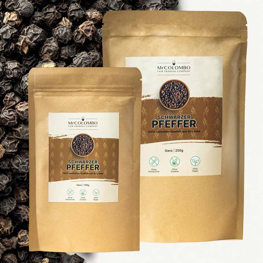 MrCOLOMBO Schwarzer Pfeffer in 100g und 250g Beuteln | 100 % natürlich, aus direktem Handel mit Sri Lanka ohne zusätzlichen Text in der Grafik mit großen Pfefferkörnern im Hintergrund.