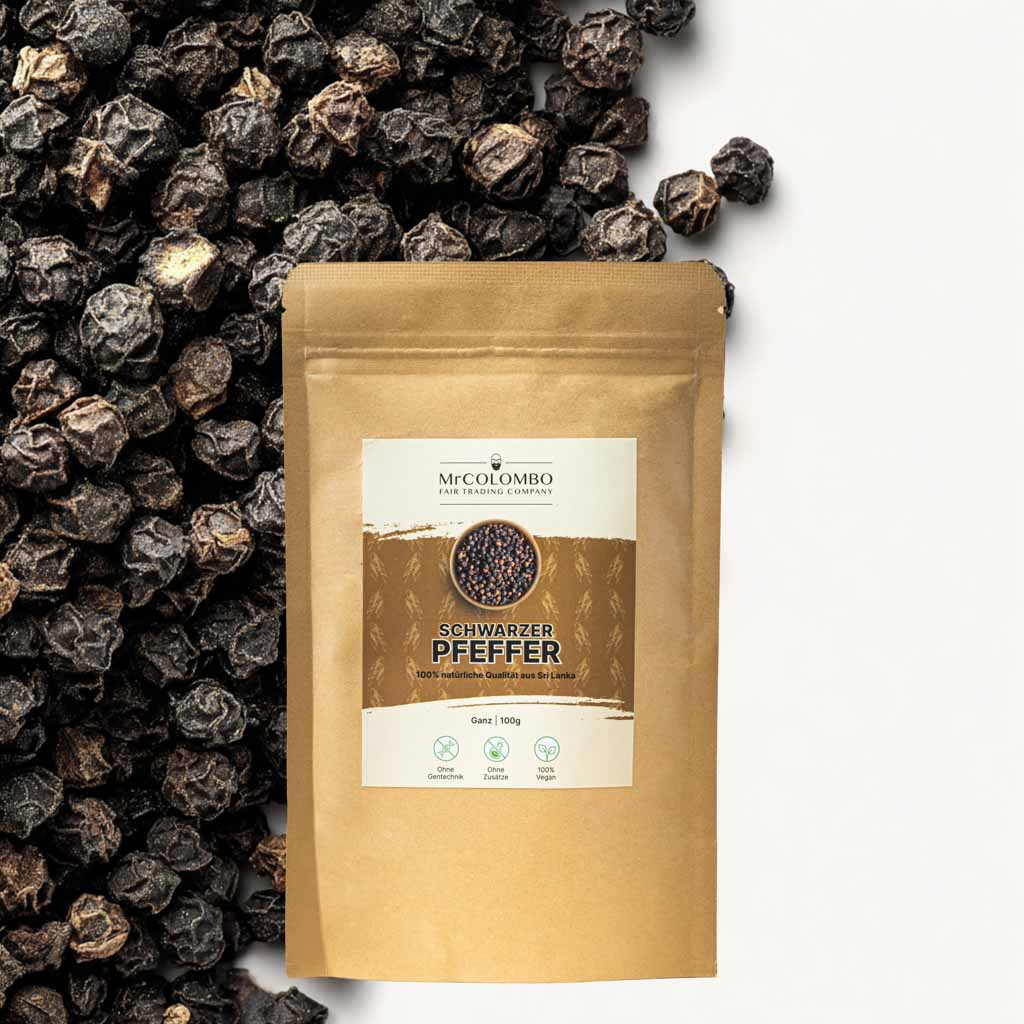 100g Packung ganzer schwarzer Pfeffer von MrCOLOMBO | intensiv aromatisch und frei von Zusätzen.