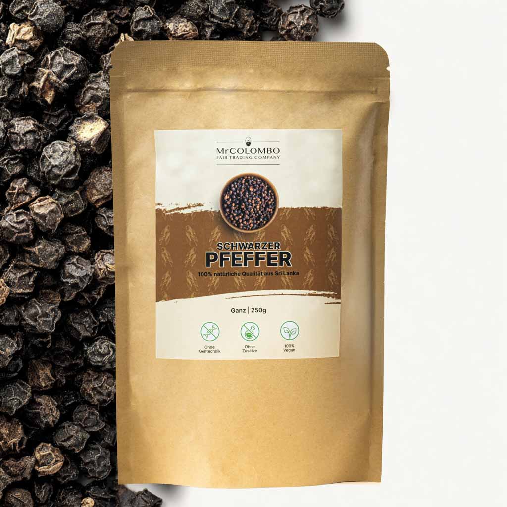 Große 250g Packung schwarzer Pfeffer von MrCOLOMBO | vollmundiges Aroma aus Sri Lanka.