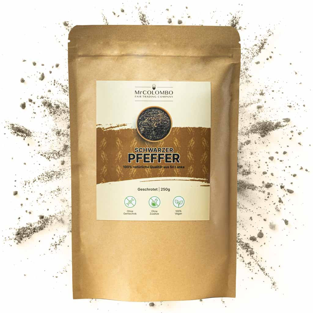 250g geschroteter Pfeffer aus Sri Lanka von MrCOLOMBO | grobe Struktur, intensives Pfeffererlebnis.