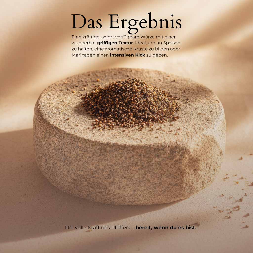 Grob geschroteter schwarzer Pfeffer im Steinmörser | intensive Textur und kräftiger Geschmack.