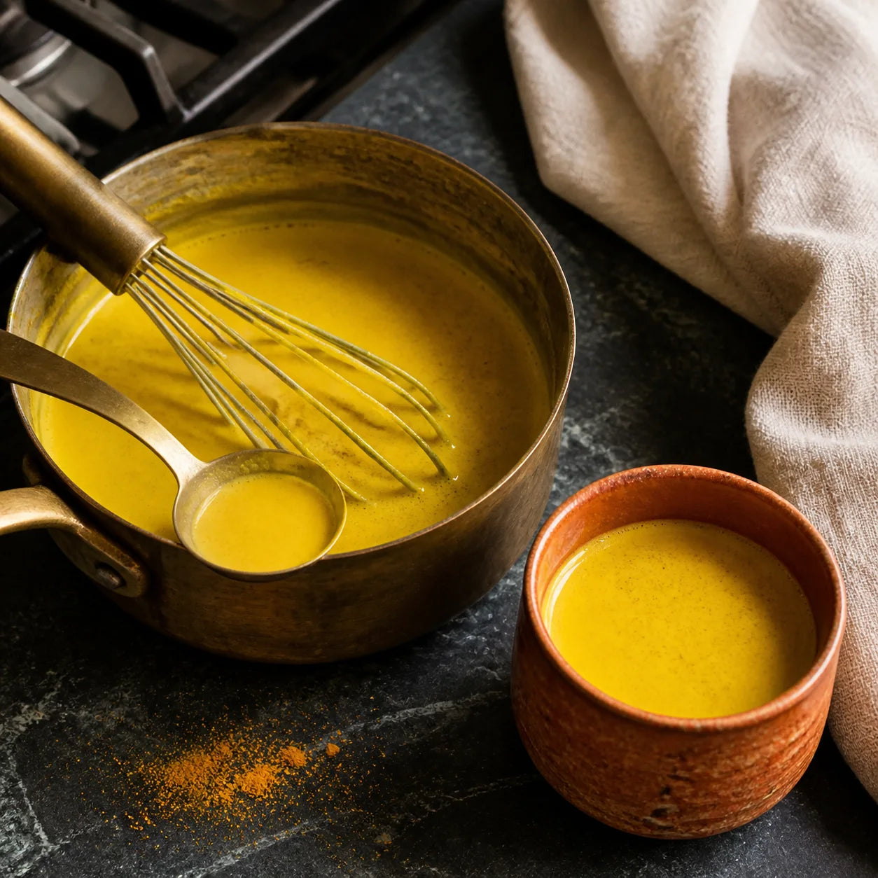 Goldene Milch mit Kurkuma, Ingwer und Ceylon-Zimt in einer Keramiktasse