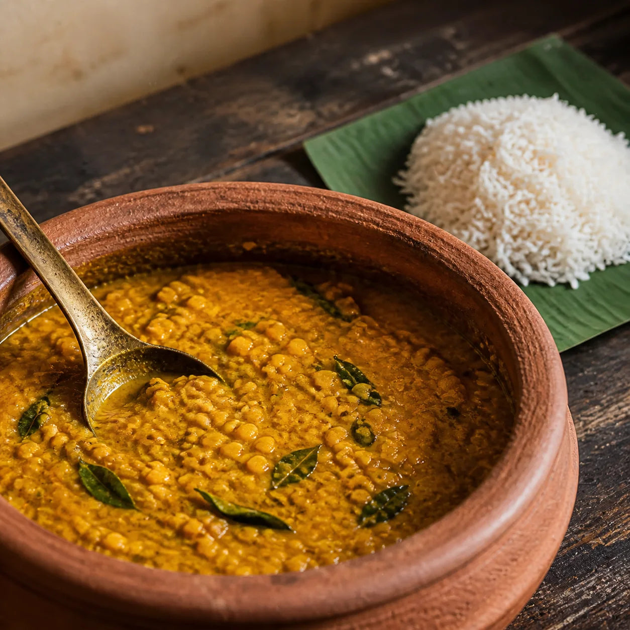 Sri-lankisches Linsen-Dal mit Basmatireis und Curryblättern
