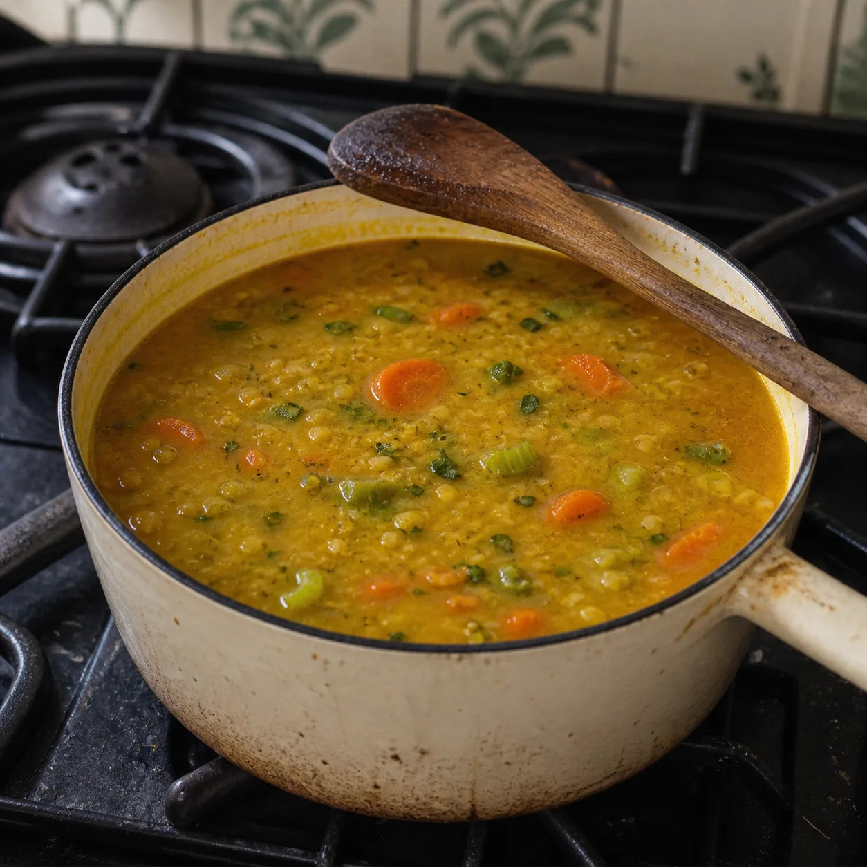 Wärmende Kokos-Linsen-Suppe mit Gemüse und Curryblättern