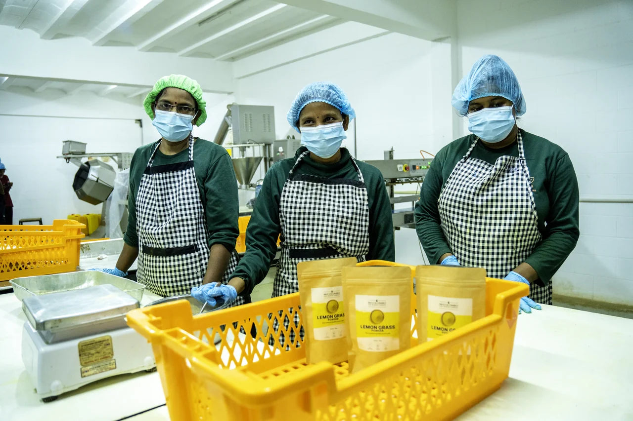 Drei Mitarbeiterinnen in Schutzkleidung am Abfüllplatz mit MrCOLOMBO Lemon Grass Pulver-Tüten im gelben Korb in der Verarbeitungshalle Sri Lanka